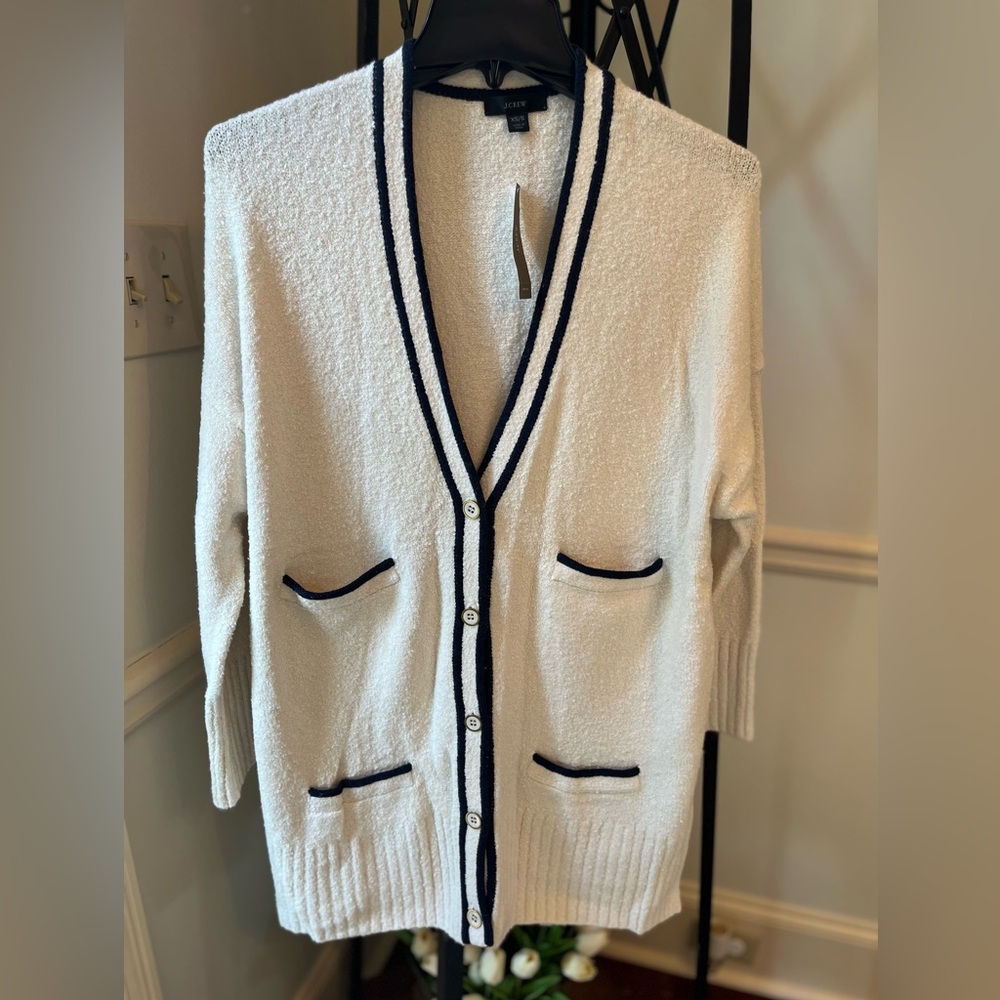 J. Crew Cream Open-Front Cardigan with Black Trim - Picture 3 of 5